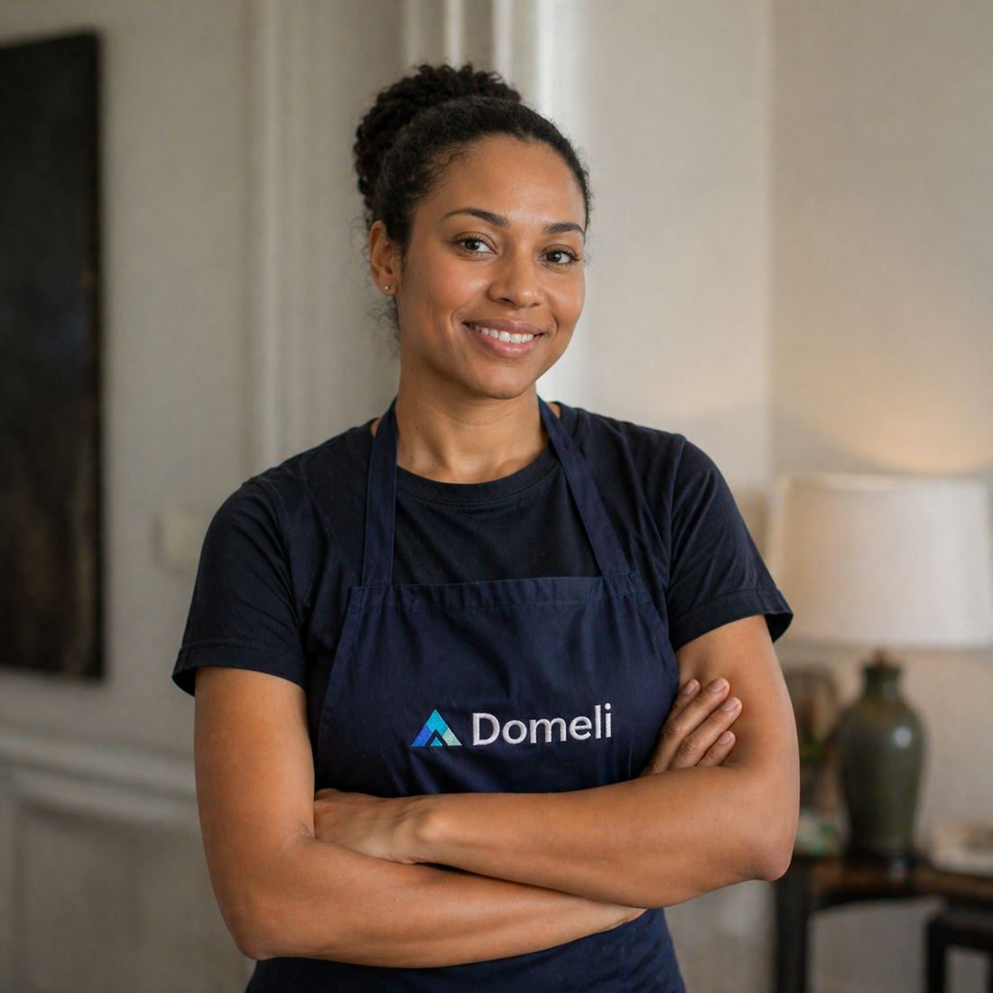 Aide ménagère Domeli souriante en tablier